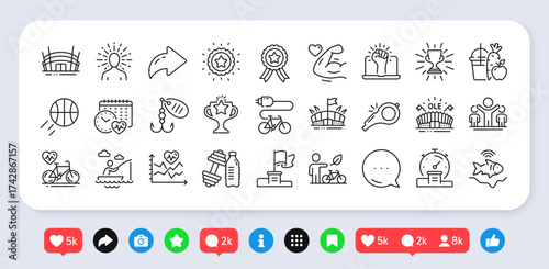 Eco bike, Electric bike and Yoga line icons pack. Social media: share, comment, like icons. Cardio training, Boat fishing, Timer web icon. Sports arena, Strong arm, Winner flag pictogram. Vector