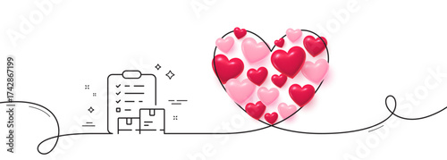Inventory checklist line icon. Continuous line big heart. Warehouse pallet sign. Wholesale goods symbol. 3d hearts in heart shaped loop. Inventory checklist single line ribbon. Vector