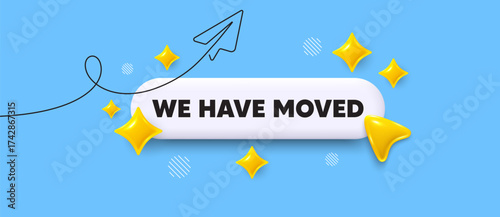 We have moved search bar. Share plane line icon. We have moved. Move new address sign. Place relocate symbol. Search button with 3d sparkles. Vector