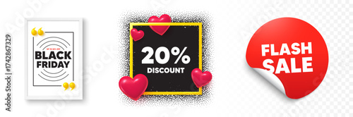 Discount photo frame 3d hearts. Flash sale sticker banner. 20 percent discount tag. Sale offer price sign. Special offer symbol. Black friday poster. Promo background. Vector