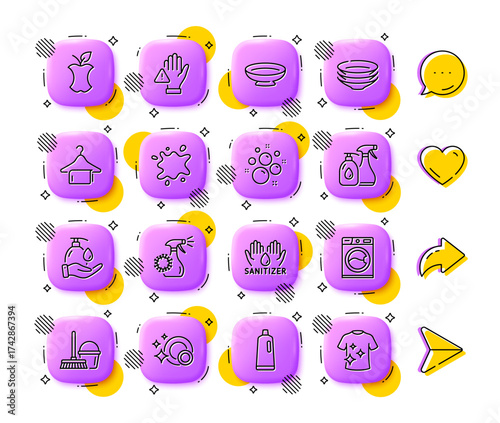Coronavirus spray, Dont touch and Shampoo line icons. App 3d buttons. Social media comment, share, like icons. Pack of Clean bubbles, Washing machine, Dirty spot icon. Vector