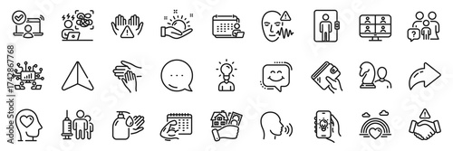 Video conference, Wallet and Family questions line icons pack. Share, Message, Paper plane icons. Wash hands, Elevator, Electric app web icon. Vector