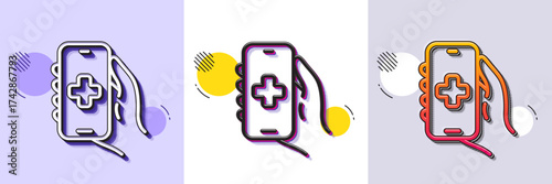 Health phone app line icon. Halftone dotted pattern. Gradient icon with grain shadow. Medical healthcare sign. Online doctor symbol. Line health app icon. Various designs. Vector