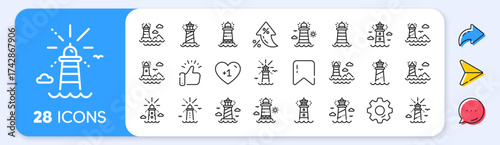 Lighthouse line icons. Interest rate, AI generate, Inflation icons. Searchlight tower with seagull for marine navigation of ships. Sea pharos, lighthouse or beacon icons. Vector