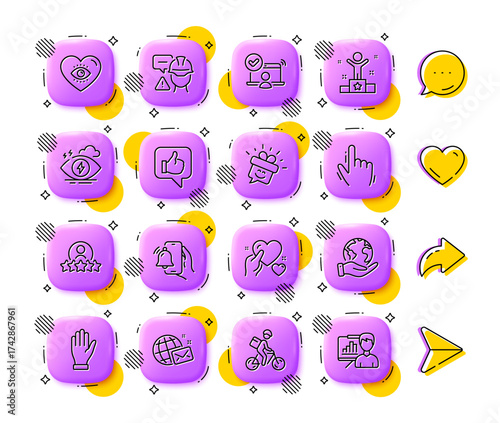 Meditation eye, Online access and Hold heart line icons. App 3d buttons. Social media comment, share, like icons. Pack of Hand, Cursor, Smile icon. Vector