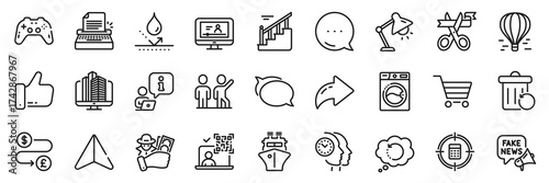Market sale, Online video and Calculator target line icons pack. Share, Message, Paper plane icons. Time management, Washing machine, Fake news web icon. Vector