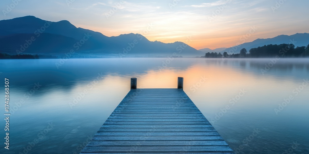Obraz premium A wooden pier is in front of a body of water