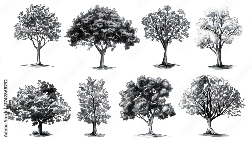 Fototapeta premium Tree Illustrations Set - Nature Sketches & Foliage Designs
