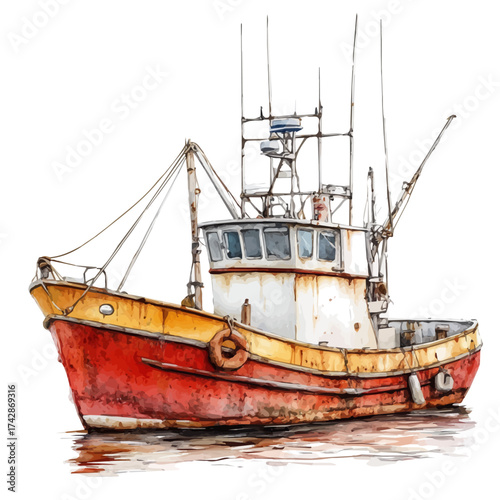 Fishing Boat, watercolor clipart vector, isolated on a white background.