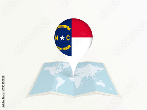 North Carolina Map Pin with National Flag on Open World Map.