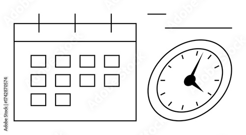 Calendar with grid layout and analog clock with a pointed hand. Ideal for scheduling, planning, time management, deadlines, productivity, event management, routines. Simple flat metaphor