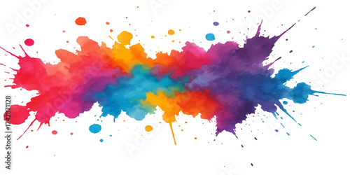 Bright, colorful paint splashes and soft rainbow feathers form an abstract, vibrant art pattern against a white background. vector watercolor illustration.