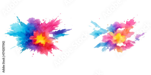 Bright, colorful paint splashes and soft rainbow feathers form an abstract, vibrant art pattern against a white background. vector watercolor illustration.