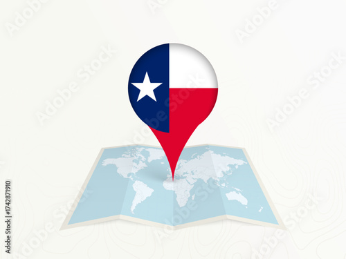 Texas Map Pin with National Flag on Open World Map.
