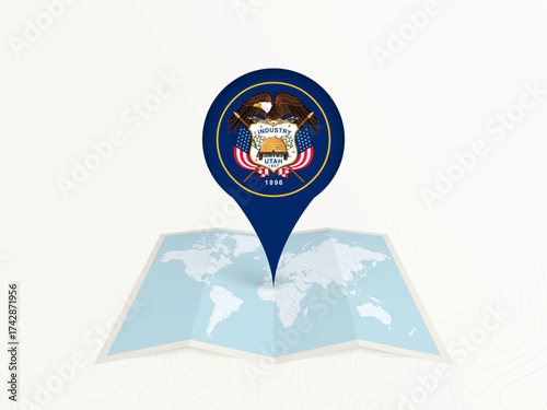 Utah Map Pin with National Flag on Open World Map.