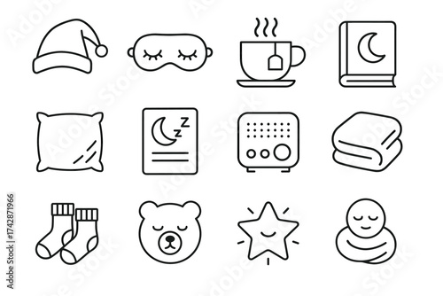 Sleep essentials: pillow, eye mask, tea, book, blanket, radio, socks, teddy, star, swaddled baby