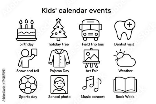 Kids' calendar events icons: birthday, holiday, field trip, dentist, show and tell