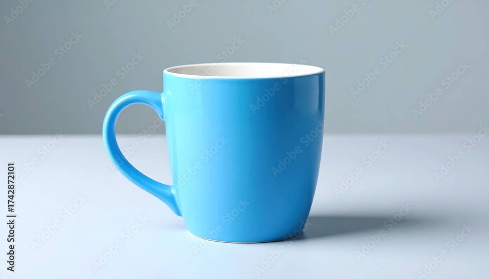 Fototapeta premium Blue mug on a white surface with simple design, and studio background.