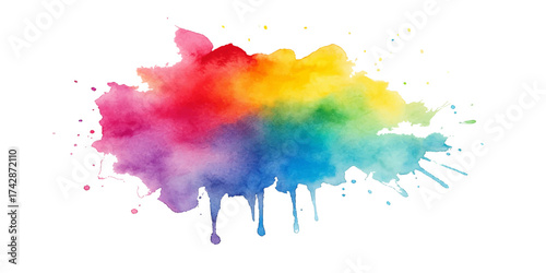 Vibrant, abstract watercolor paint splashes create a colorful ink grunge texture for artistic design and illustration