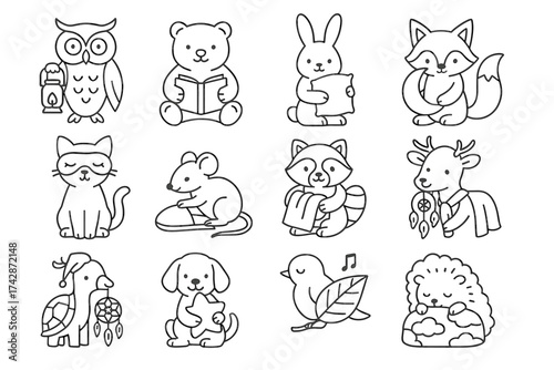 Adorable animal outlines featuring owl fox rabbit dog and more