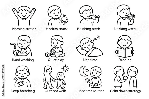 Daily routines for kids: healthy habits and activities in simple illustrations