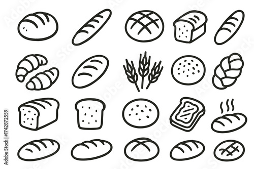 Variety of hand-drawn bread illustrations featuring different types and shapes