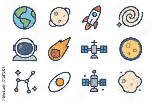 Space exploration icons: planets, rocket, satellite, astronaut, galaxy