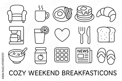 Cozy weekend breakfast icons featuring food and relaxation