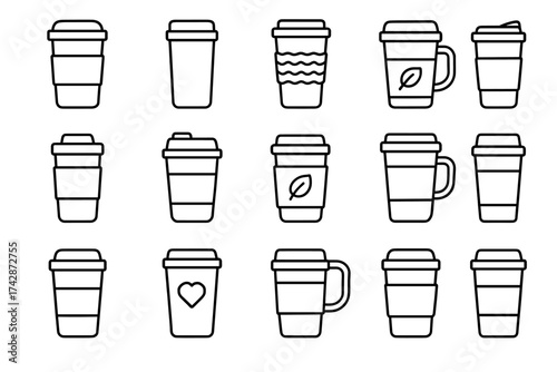 Collection of coffee cup line icons with eco-friendly and heart design variations