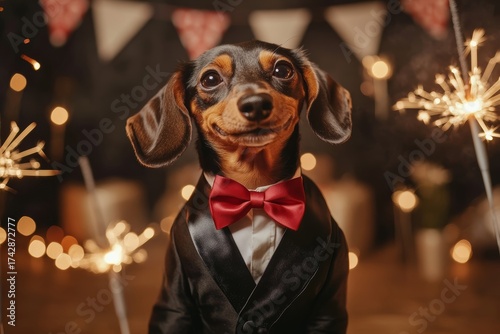 Dachshund in tuxedo with bowtie amid sparkling lights
