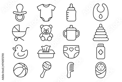 Baby essentials icons set: bottles, toys, clothing, pacifiers, diapers, and more