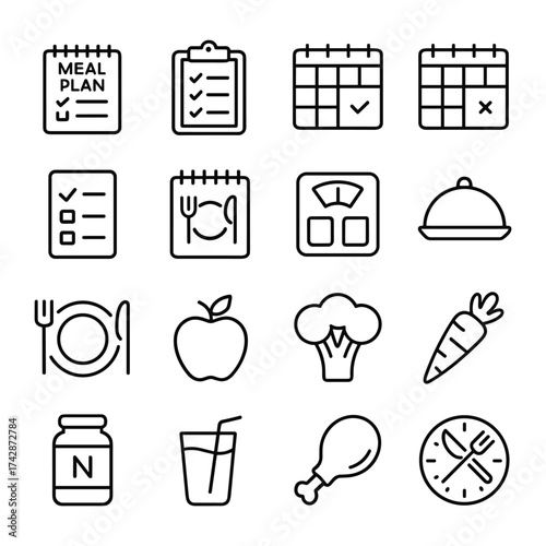 Recipe planning icons set vector. Outline symbols. Line design