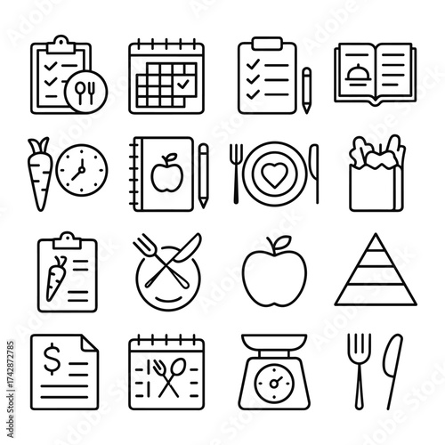 Food planning icons collection vector. Outline symbols. Line design