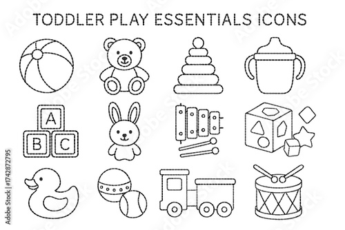 Toddler play essential icons: toys, blocks, and stackers for fun learning