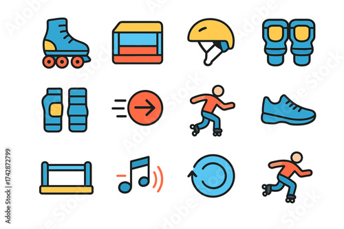 Colorful roller skating icons featuring gear, movements, and music