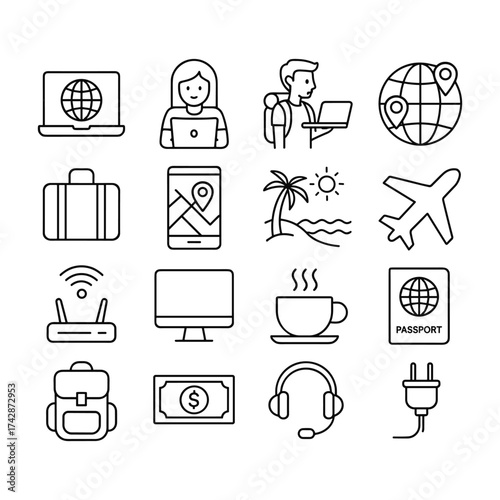Freelance lifestyle vector icons pack. Outline symbols. Line design