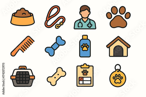 Colorful pet care icons: dog bowl, vet, leash, paw, bone, comb, shampoo, kennel