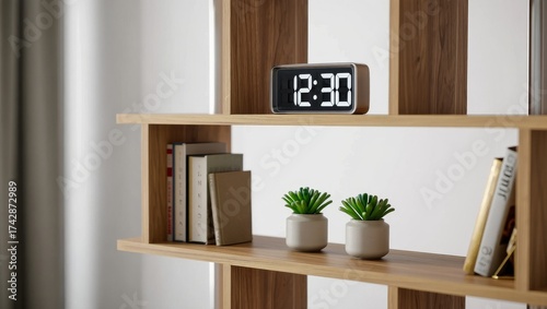 Close-up of a modern wooden bookshelf with a stylish digital clock, books, and potted succulents in a minimalist interior design setting
