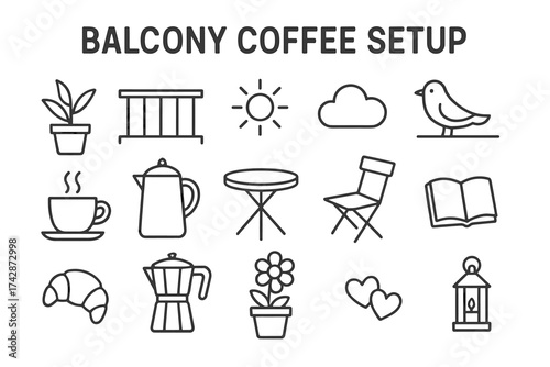 Cozy balcony coffee setup with table, chair, coffee pot, and outdoor elements
