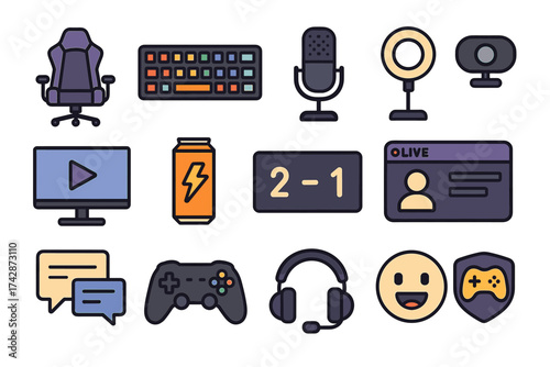 Gaming and streaming icons set featuring gadgets and accessories