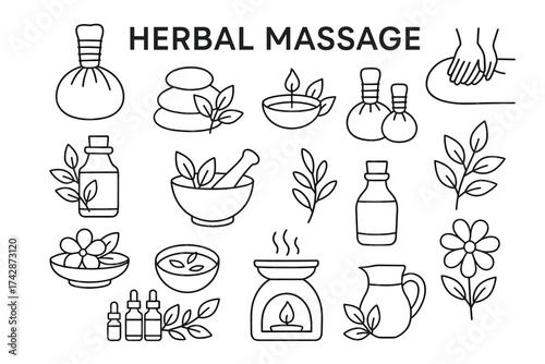 Herbal massage elements: oils, stones, candles, and aromatherapy symbols