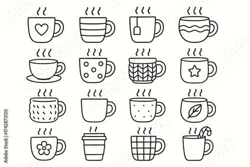 Set of sixteen hand-drawn coffee cups with unique designs and patterns