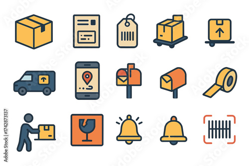 Shipping and delivery icons: package, parcel, mailbox, tracking, barcode