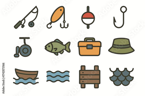 Fishing equipment icons: rod, hook, spinner, bobber, fish, tackle box, hat