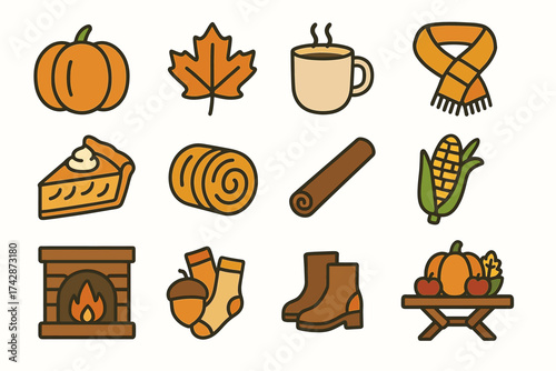 Autumn icons: pumpkin, maple leaf, coffee, scarf, pie, cinnamon, corn, fireplace, acorns, boots, harvest table