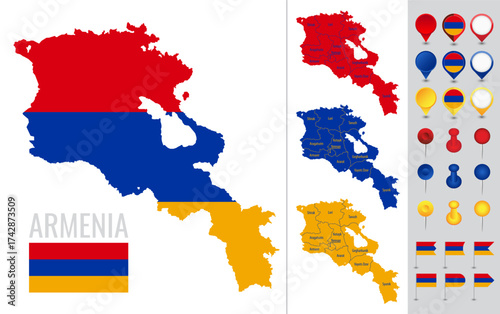 Vector map of Armenia with flag, globe and icons on white background
