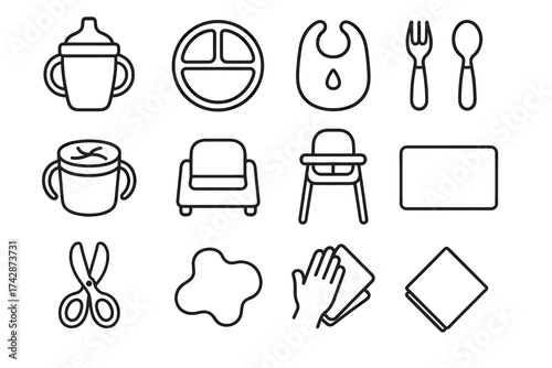 Baby feeding essentials icons including sippy cup, bib, high chair, and more