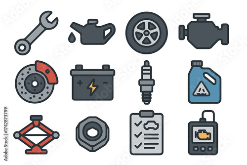 Essential car maintenance icons: engine, tire, battery, oil, tools