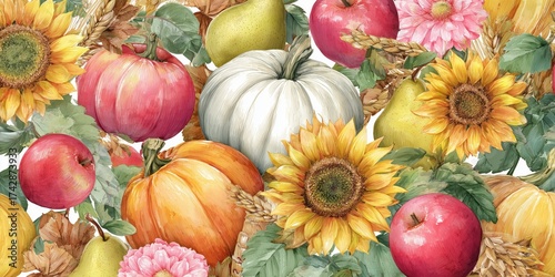 Seamless autumn watercolor pattern with pumpkins, sunflowers, apples, and pears