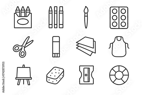 Art supplies outline: crayons, brush, paint palette, scissors, paper, easel, sharpener